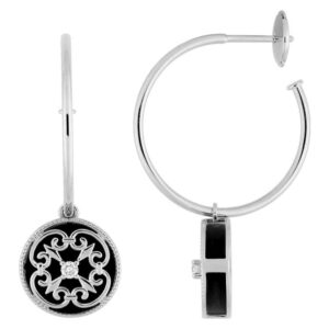Boucles d'oreilles Demi-créoles Or Blanc 18k Diamant 0.08ct GH SI Onyx