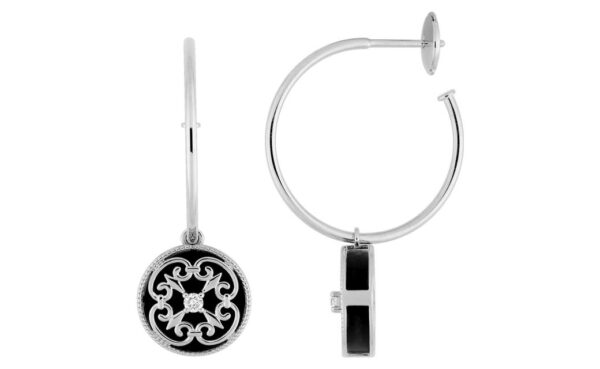 Boucles d'oreilles Demi-créoles Or Blanc 18k Diamant 0.08ct GH SI Onyx