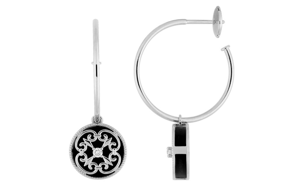 Boucles d'oreilles Demi-créoles Or Blanc 18k Diamant 0.08ct GH SI Onyx