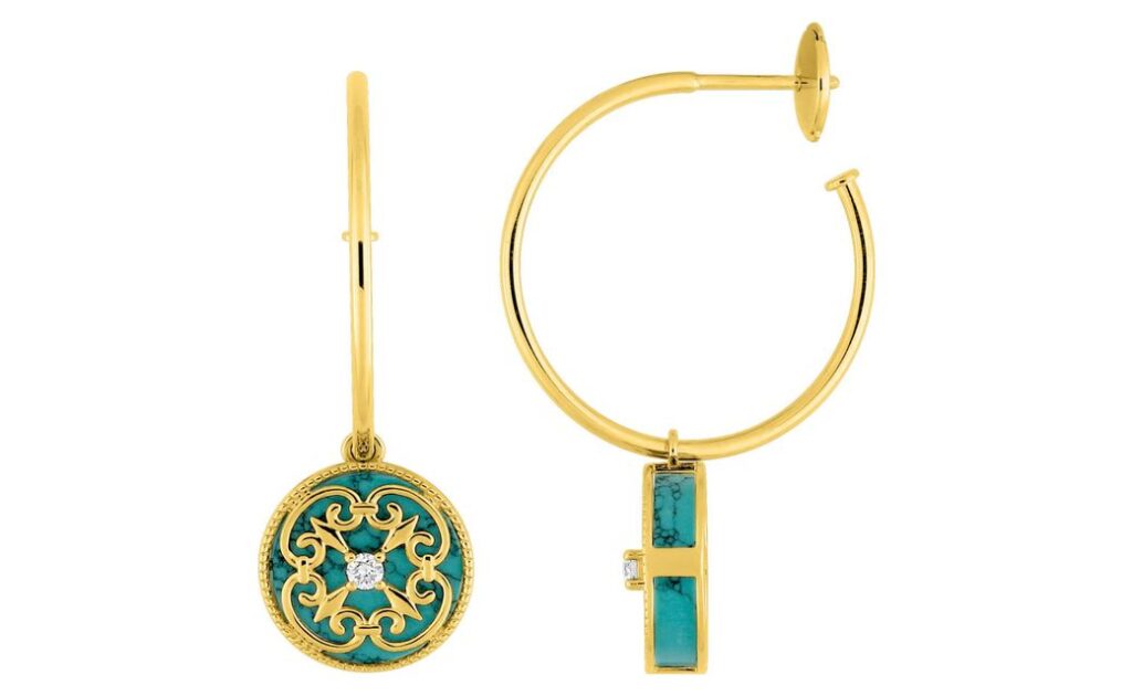 Boucles d'oreilles Demi-créoles Or 18k Diamant 0.08ct GH SI Turquoise