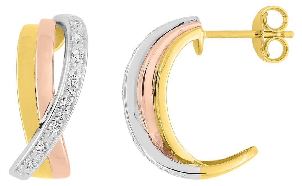 Boucles d'oreilles Demi-créoles Or Jaune Blanc et Rose Diamant 0.08ct GH P2P3