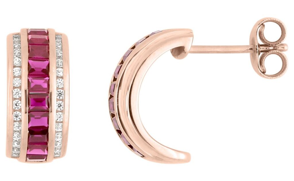 Boucles d'oreilles Demi-créoles Or Rose 18k Diamant 0.18ct GH P1 Rubis