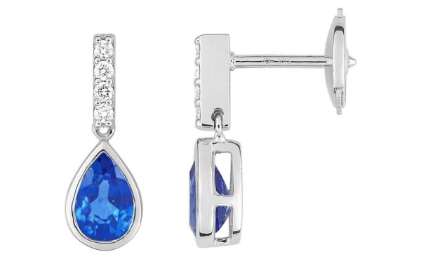 Boucles d'oreilles Pendantes Or Blanc 18k Diamant 0.06ct GH SI Saphir